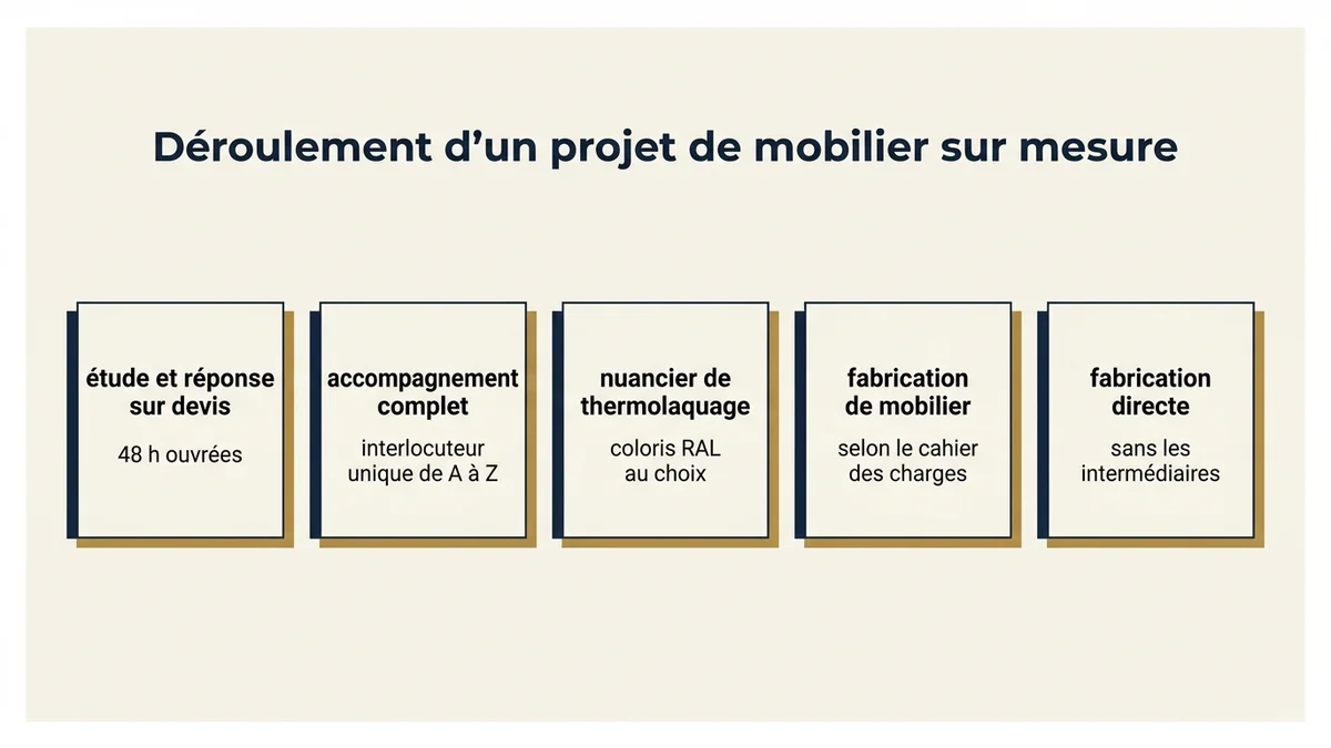 Déroulement d'un projet de mobilier sur mesure : fabrication de mobilier, selon le cahier des charges ; nuancier de thermolaquage, coloris RAL au choix ; fabrication directe, sans les intermédiaires ; accompagnement complet, interlocuteur unique de A à Z ; étude et réponse sur devis, 48 h ouvrées