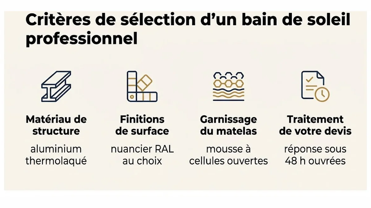 Critères de sélection d'un bain de soleil professionnel : Matériau de structure, aluminium thermolaqué ; Finitions de surface, nuancier RAL au choix ; Garnissage du matelas, mousse à cellules ouvertes ; Traitement de votre devis, réponse sous 48 h ouvrées