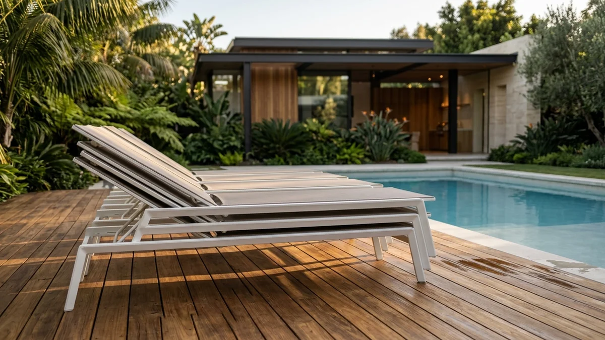 Pile de transats de piscine empilables en aluminium thermolaqué blanc sur terrasse en bois de camping.