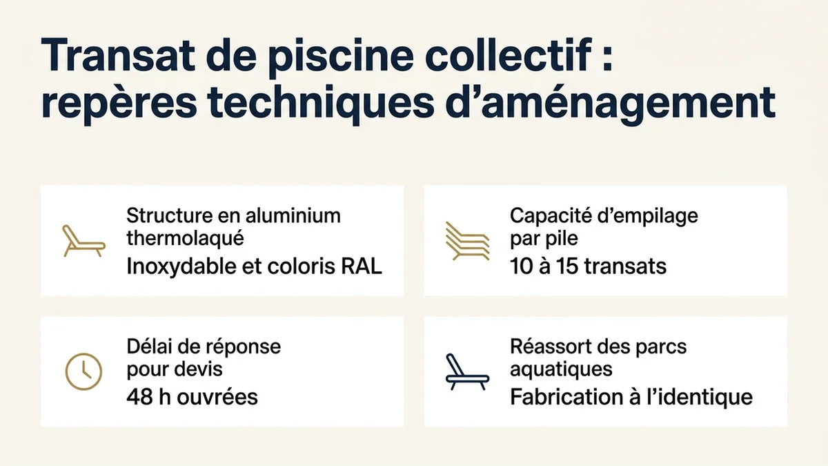 Transat de piscine collectif : repères techniques d'aménagement : Structure en aluminium thermolaqué, Inoxydable et coloris RAL ; Capacité d'empilage par pile, 10 à 15 transats ; Délai de réponse pour devis, 48 h ouvrées ; Réassort des parcs aquatiques, Fabrication à l'identique