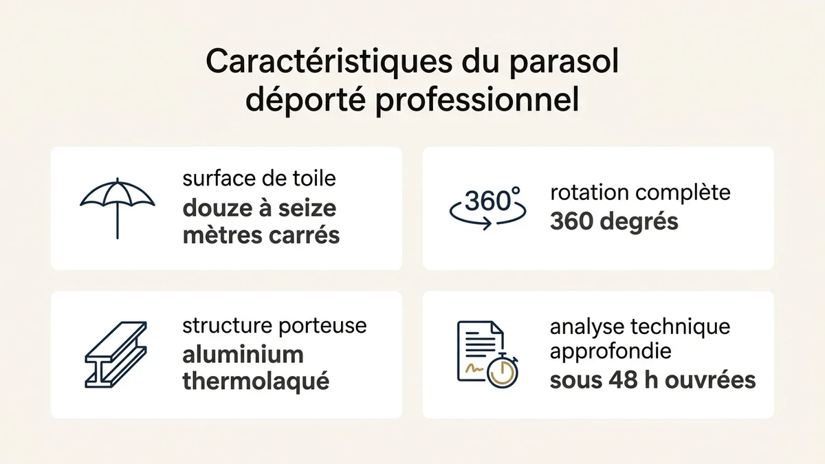 Caractéristiques du parasol déporté professionnel : surface de toile, douze à seize mètres carrés ; rotation complète, 360 degrés ; structure porteuse, aluminium thermolaqué ; analyse technique approfondie, sous 48 h ouvrées