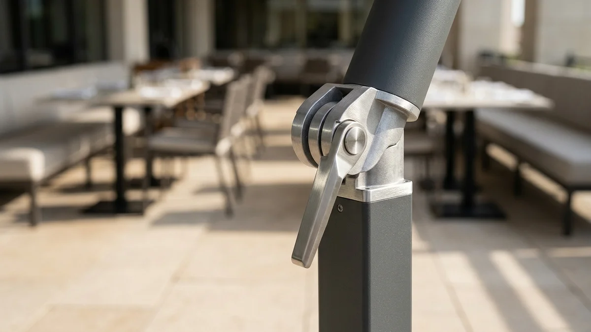 Mécanisme d'articulation et manivelle en métal d'un parasol déporté sur le mât thermolaqué d'une terrasse d'hôtel.