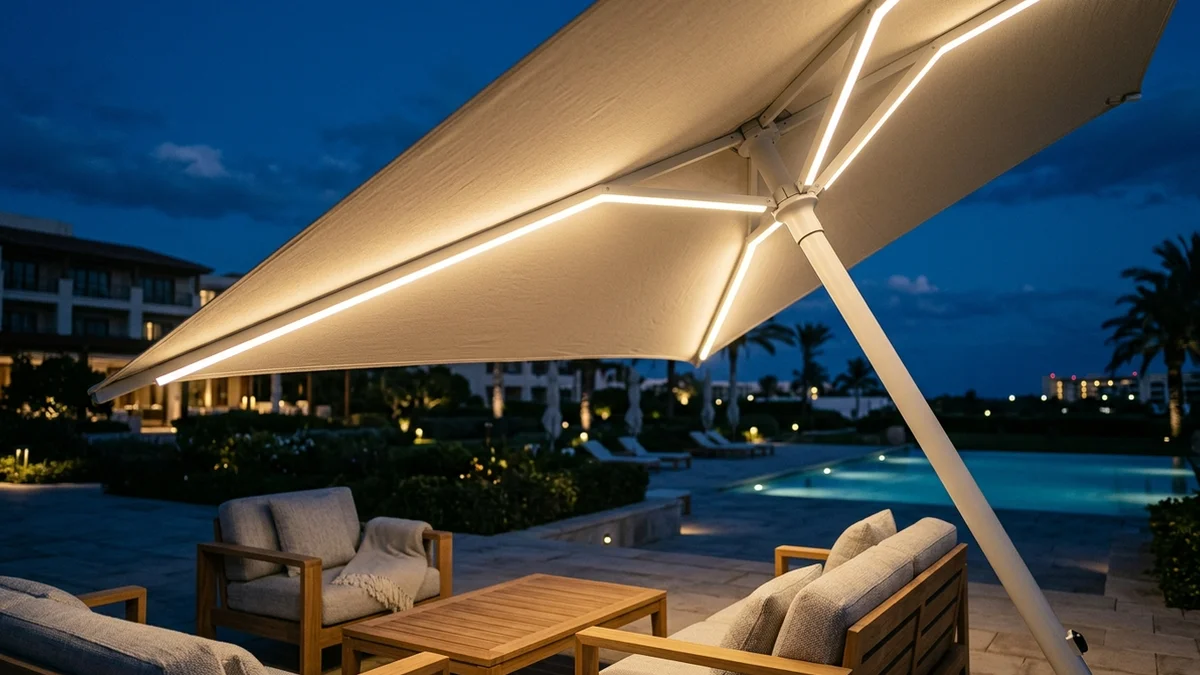 Baleines de parasol déporté équipées de rubans LED diffusant une lumière chaleureuse sous une toile acrylique en soirée.