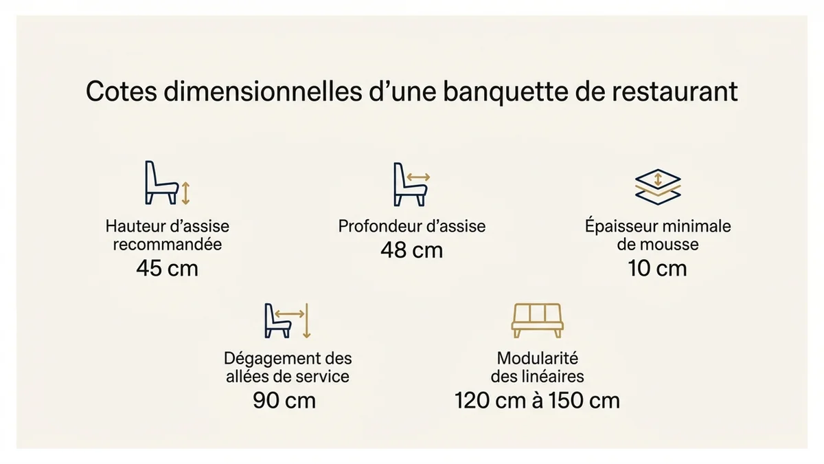 Cotes dimensionnelles d'une banquette de restaurant : Hauteur d'assise recommandée, 45 cm ; Profondeur d'assise, 48 cm ; Épaisseur minimale de mousse, 10 cm ; Dégagement des allées de service, 90 cm ; Modularité des linéaires, 120 cm à 150 cm