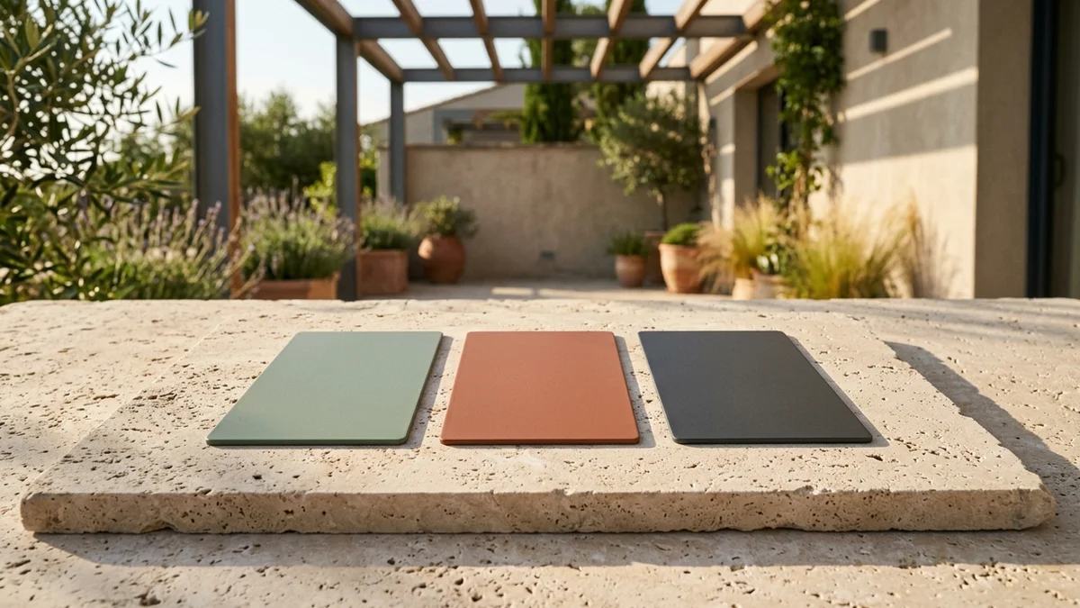 Trois plaquettes rectangulaires en aluminium thermolaqué vert, terracotta et gris posées sur une dalle de pierre calcaire beige en extérieur.