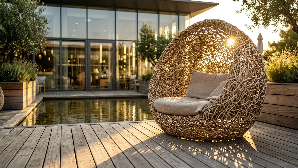 Fauteuil extérieur en forme de nid ajouré tressé en résine claire, installé sur une terrasse en lames de teck devant un hôtel.
